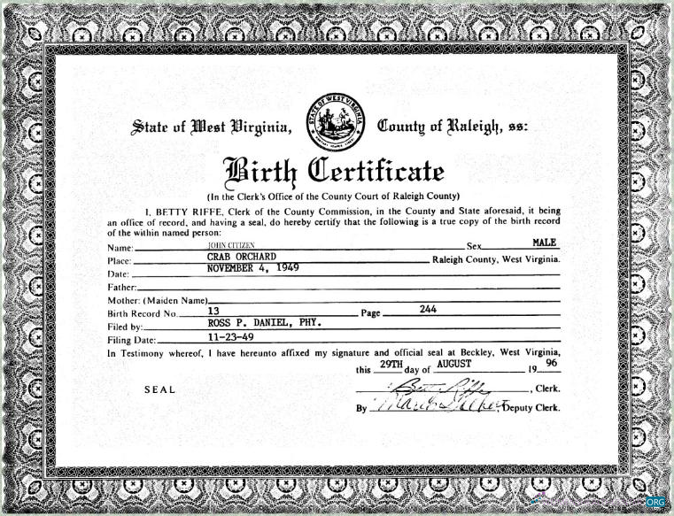 Download United States Clerk's office of West Virginia birth certificate Photoshop template